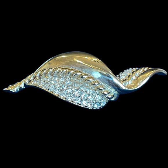 Vintage GEM CRAFT Brooch Pin Mid Century Rhinestones Extra Large Curved Leaf - Picture 7 of 11